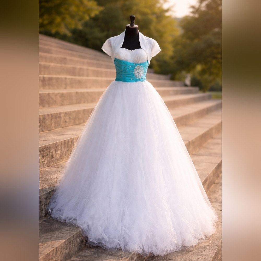 White Tulle Prom Dress Small | Turquoise Satin Waist | Rhinestone Detail - Picture 4 of 4